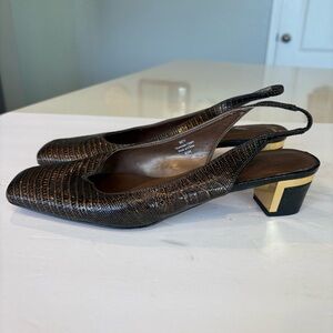 J.Renee Textured Chocolate Brown Slide Slingback Heels Gold Heel Accent